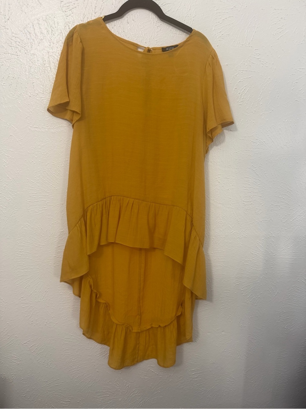 AUW Mustard High-Low Ruffle Blouse XL Boho Flowy Short Sleeve Top - Picture 2 of 7